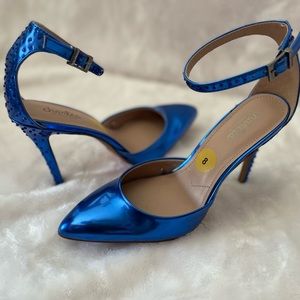 BLUE METALLIC PATENT LEATHER HIGH HEELS W/ BLUE RHINESTONES CHARLES DAVID NWOT